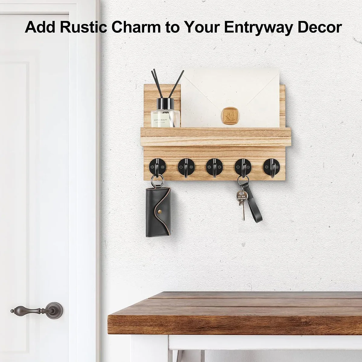 Decorative Farmhouse Key Holder for Wall - Modern Key Racks for Wall Decor Living Room and Mail Organizer with Shelf for Apartme - imagen 2