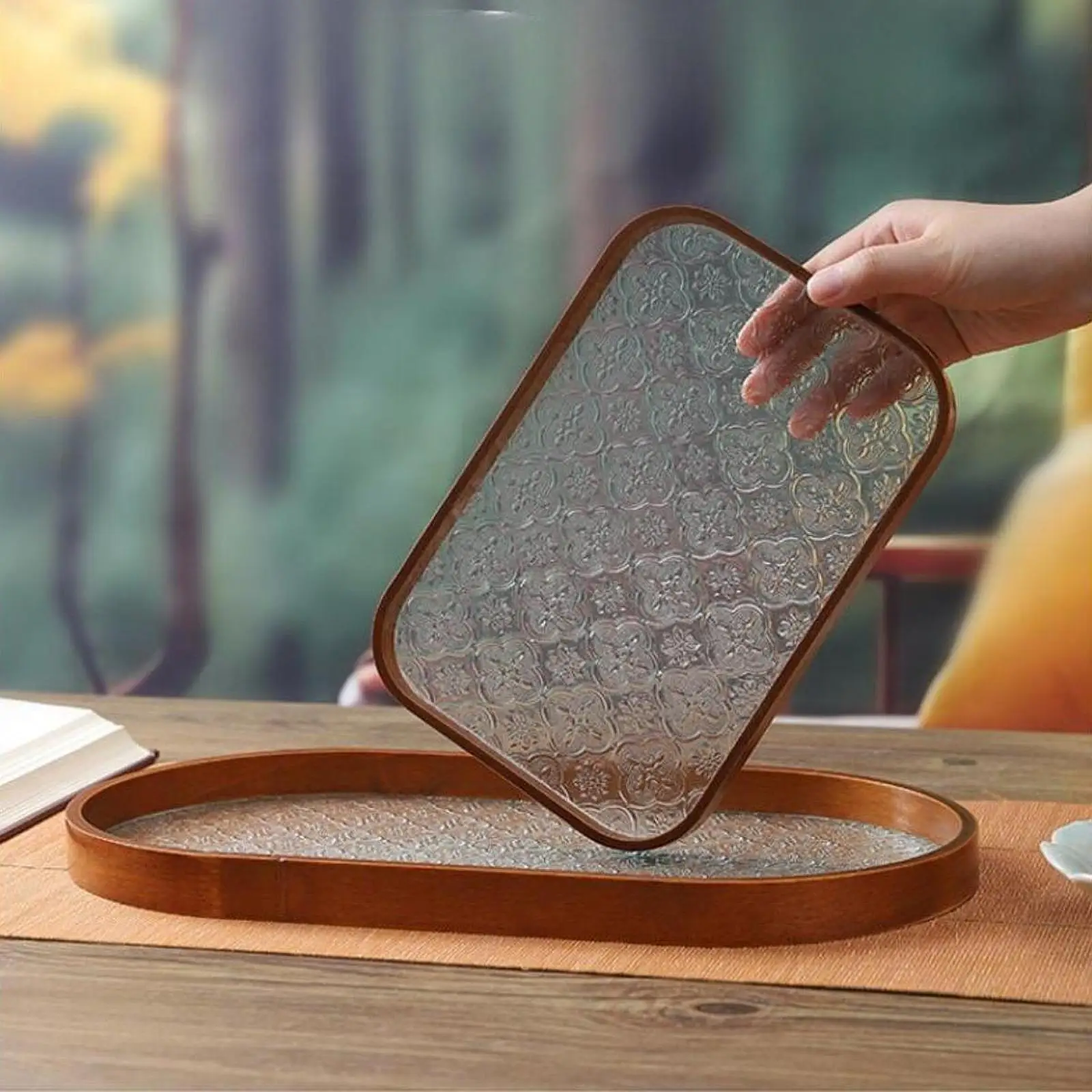 Wood Serving Tray Glass Desk Organizer Jewelry Storage Holder Wooden Trays for Eating for Bathroom Household Desk Tea Room Party