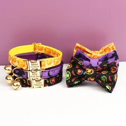 Collar de Halloween para gatos con campana, placa grabada y herrajes