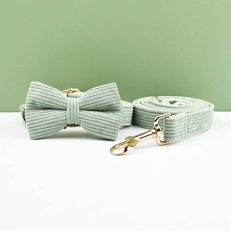 Juego de Collar y correa para perro de pana verde claro para perros, placa con nombre grabada personalizada, suministros para mascotas, correa para perro de pana03 - imagen 3