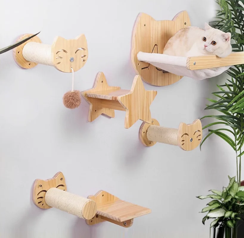 Marco de escalada para mascotas, nido para gatos montado en la pared, árbol para gatos, poste rascador para gatos de Sisal, plataforma para saltar en la nube, peldaños de madera ecológicos Cz