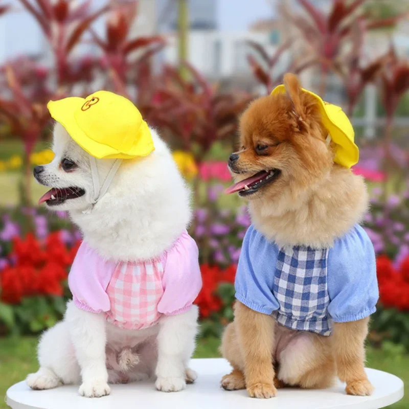 Ropa de jardín de infantes para perros y gatos, lindo pato amarillo, camiseta a cuadros con sombrero, Teddy Bichon Pomerania, abrigo para perros pequeños - imagen 3