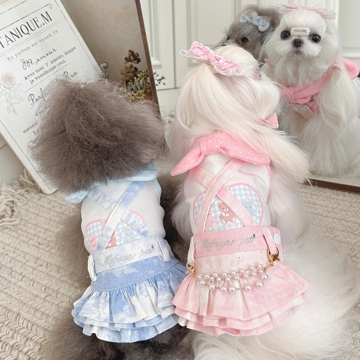 Media falda con diamantes Flash para mascotas, falda con tirantes de vaquero, falda abombada para las cuatro estaciones, vestidos para perros pequeños, ropa para cachorros - imagen 3
