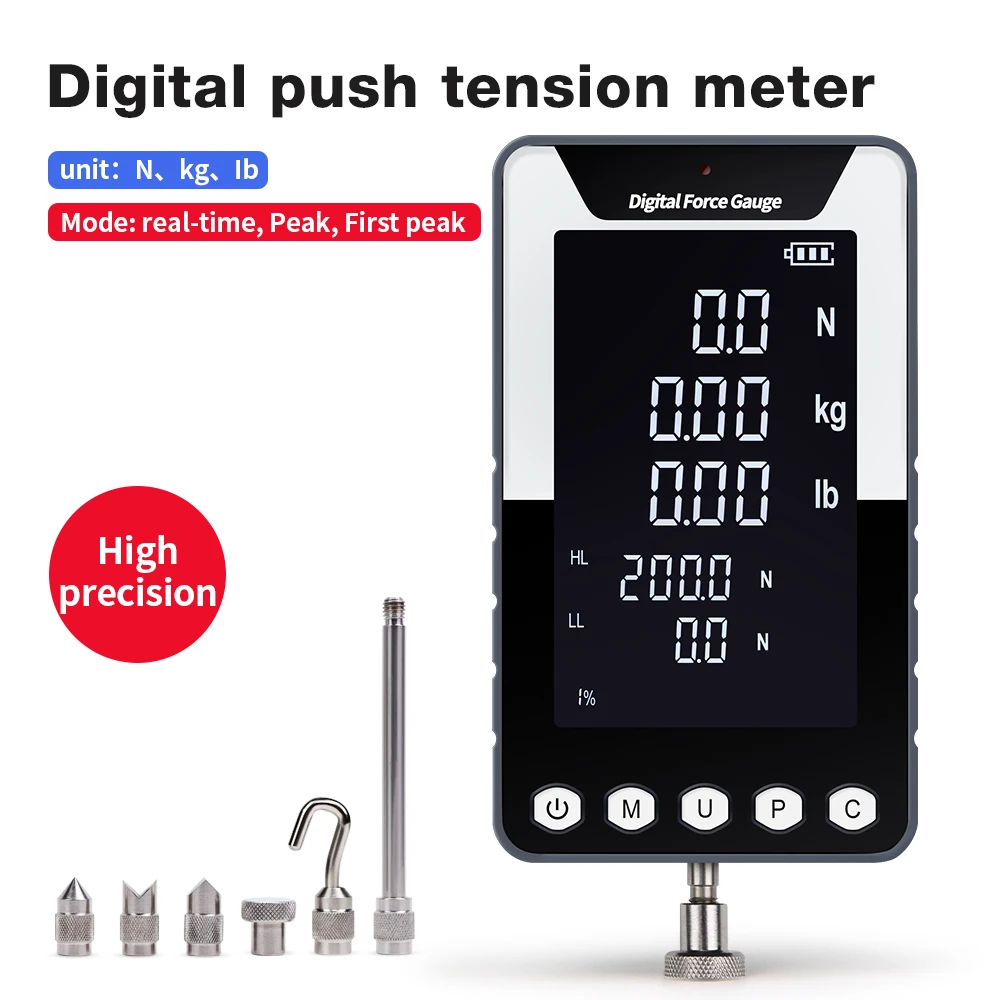 Medidor de fuerza portátil DF-200N/500N, medidor Push-Pull de pantalla grande, dinamómetro Digital, probador de tensión de empuje con 5 tipos de sondas