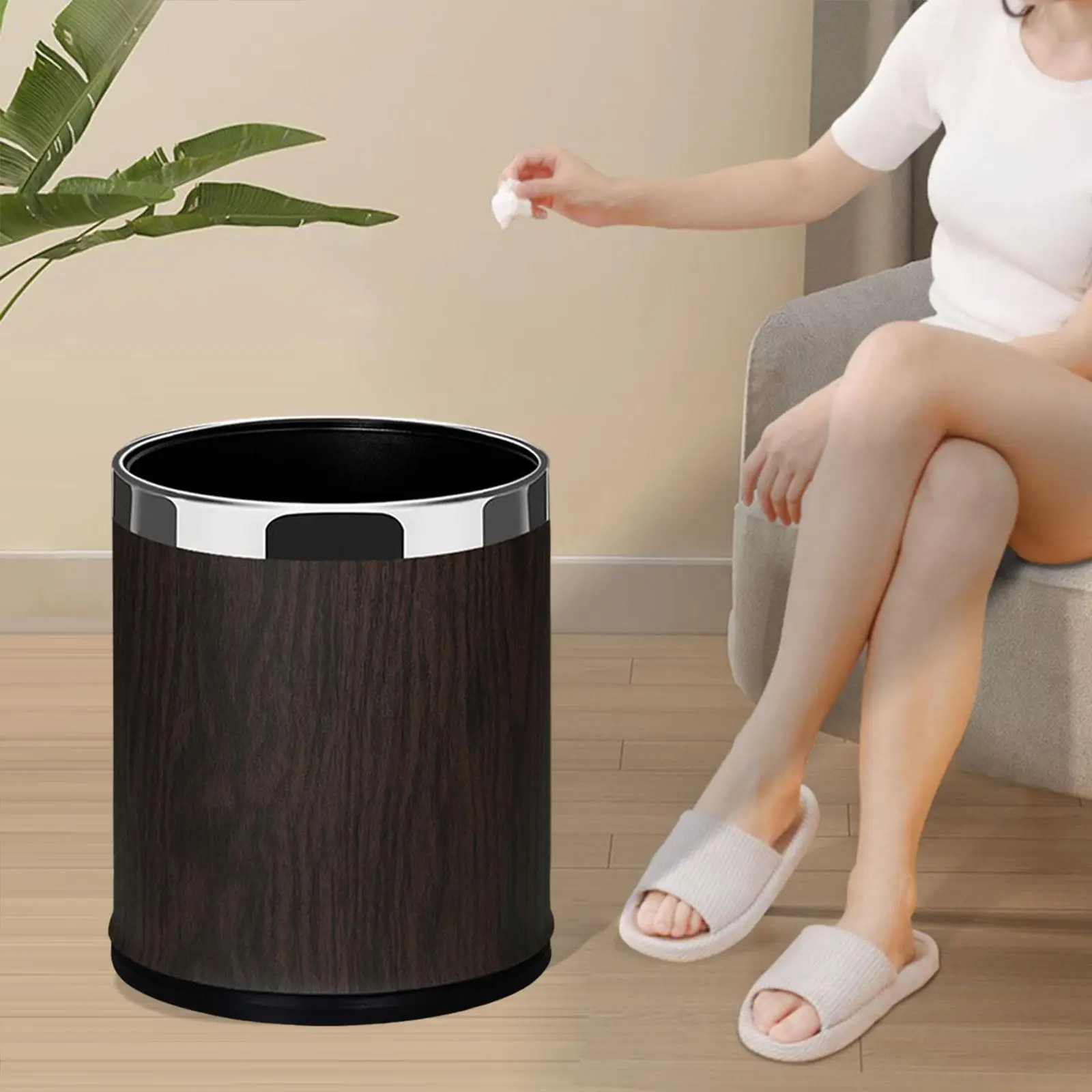 Wood Grain Trash Can Dustbin Modern Simple Lightweight Waste Can Garbage Can for Restroom Dorm Office Living Room Restaurant