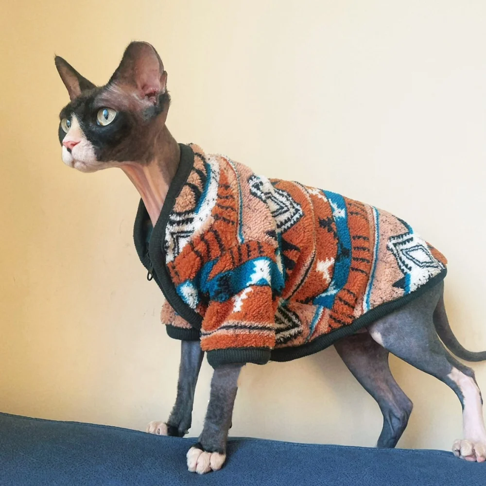 Chaqueta con cremallera Chaqueta de suéter navideño vintage para gato sin pelo Abrigo de vellón cálido de invierno para pijama suave Sphynx Cat Devon Rex