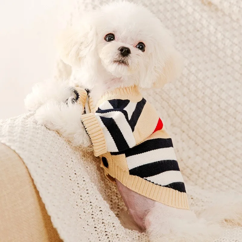 Suéter de moda para perros, ropa de invierno para perros, cárdigan suave a rayas para perros, abrigo, ropa para Chihuahua Bichon Frise, suéteres cálidos tejidos para mascotas - imagen 4