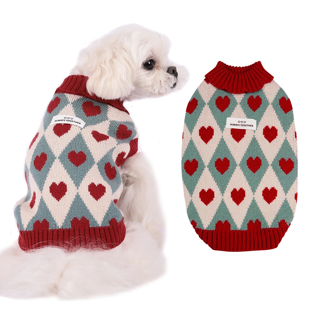 Suéter para perro, ropa cálida de invierno para perros pequeños, bonito patrón de corazón de diamante, suéteres tejidos para cachorros, abrigo de cuello alto para Chihuahua Yorkie