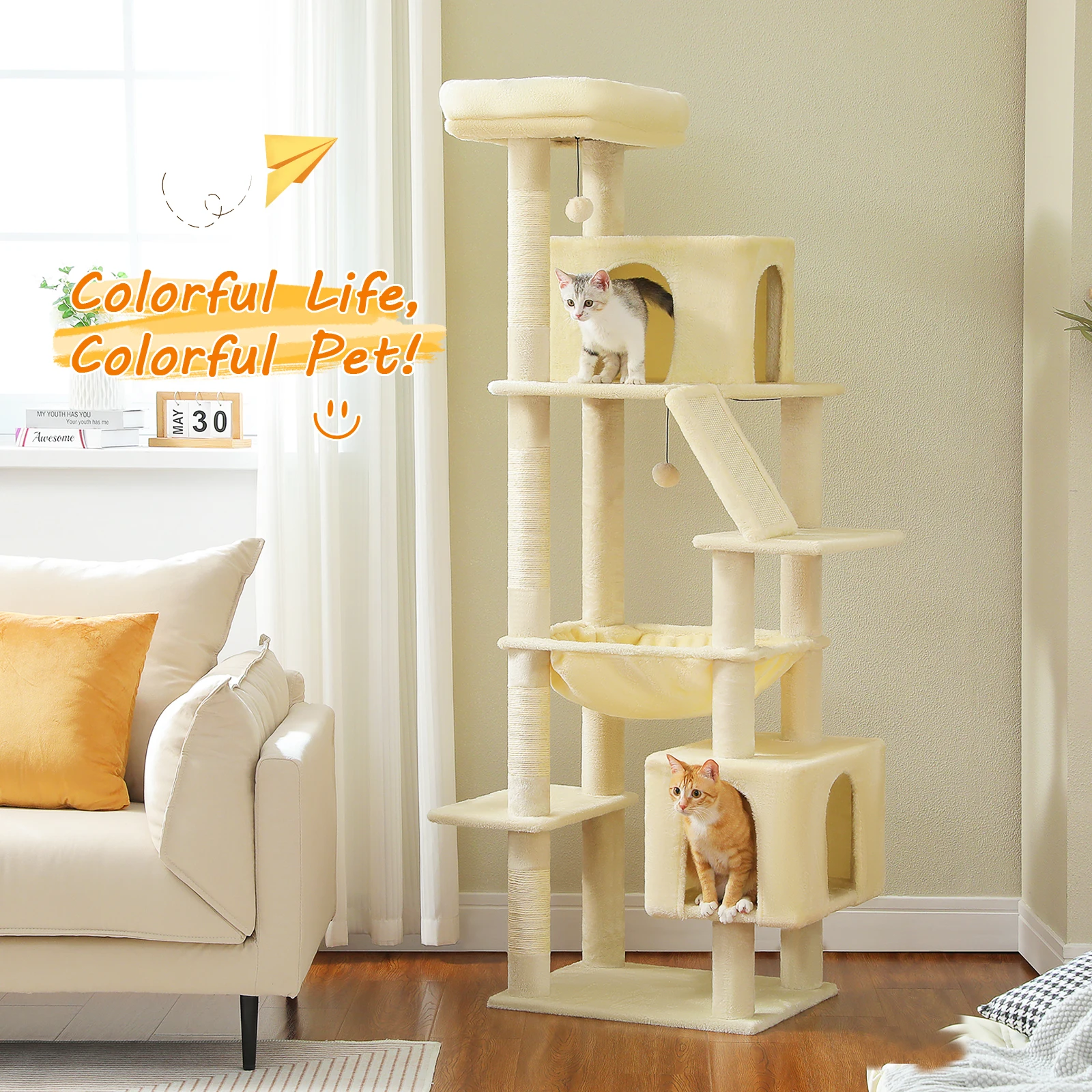 Árbol para gatos de varios niveles con 2 acogedores condominios, poste rascador de sisal, hamaca grande, torre de gato alta de lujo para gatos grandes, rascadora para gato, cama casa para gatos, juguetes para gatos