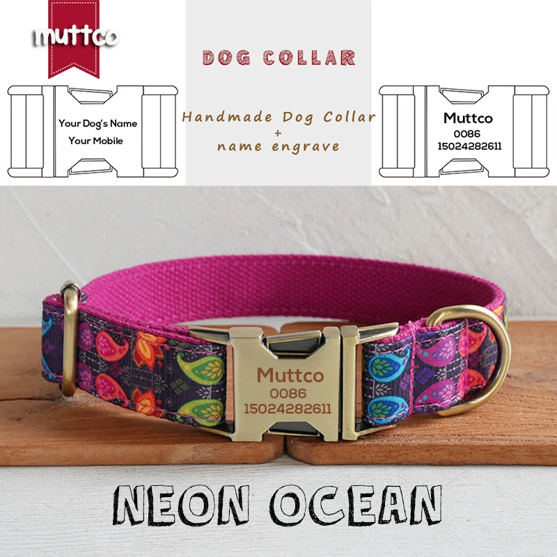 MUTTCO engraved metal buckle dog collar NEON OCEAN personalized dog ID tag collar 5 sizes nameplate anti-lost pet supply UDC210