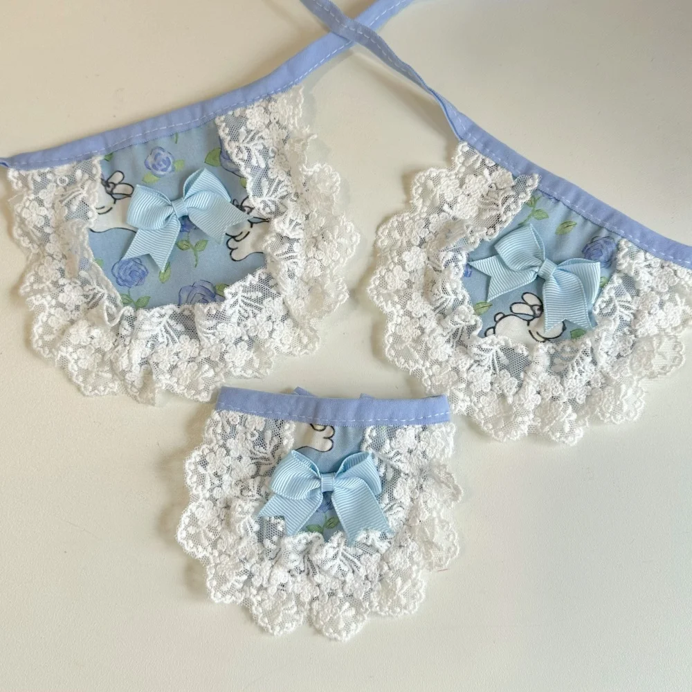 Babero de encaje blanco y azul con lazo de cuerda para gatitos, perros, toalla de Saliva azul de algodón suave para gatos sin pelo en verano y primavera - imagen 4