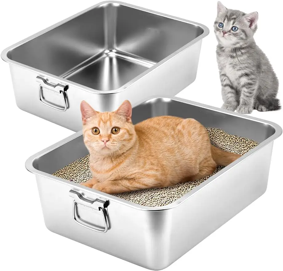 Caja de arena de acero inoxidable, lado alto con mango, adecuado para el control de olores y limpieza de conejos, gatitos y gatos mascotas. - imagen 5