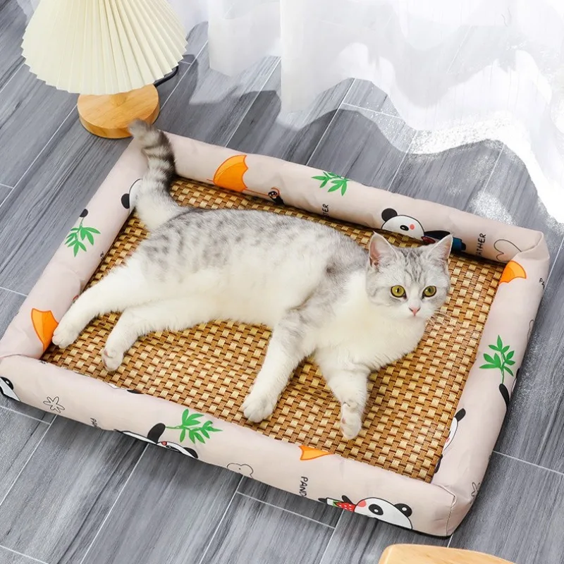 Esteras para dormir de verano para mascotas, nido refrescante para gatos, suministros transpirables antideslizantes para perros, almohadilla de cama tejida de mimbre para el hogar - imagen 5