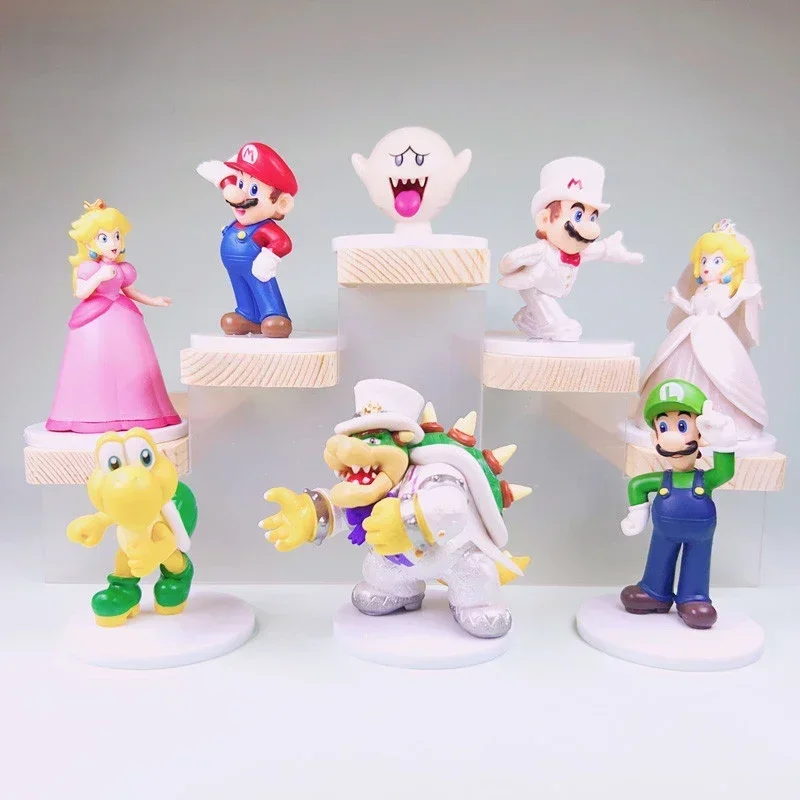 8 Uds Super Marios Bros Anime figura de acción juguete tema de boda modelo de dibujos animados muñecas Luigi princesa melocotón Bowser Boo juguetes regalos para niños - imagen 3
