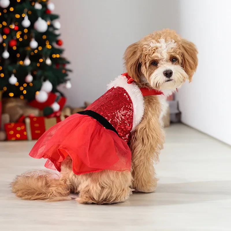 Vestido para perro con tutú de lentejuelas navideñas con diseño de lazo y cinturón, falda halter de terciopelo rojo, traje navideño para mascotas para perros pequeños/medianos,