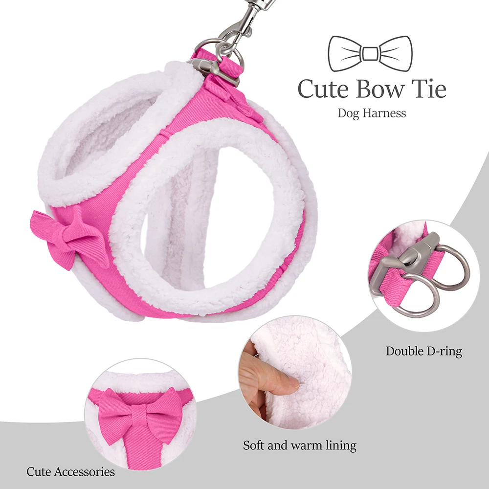 Conjunto de arnés y correa para perro, chaleco de piel suave con cuerda de plomo, pajarita bonita, cinturón para caminar, Invierno - imagen 4