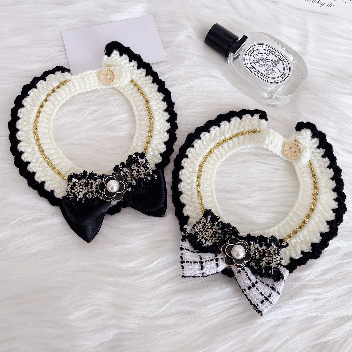 Pet Cat Dog Autumn/Winter Bow Hand Hook Collar Classic New Year Knitted Neck Puppy Dog Accessories for Small Dogs