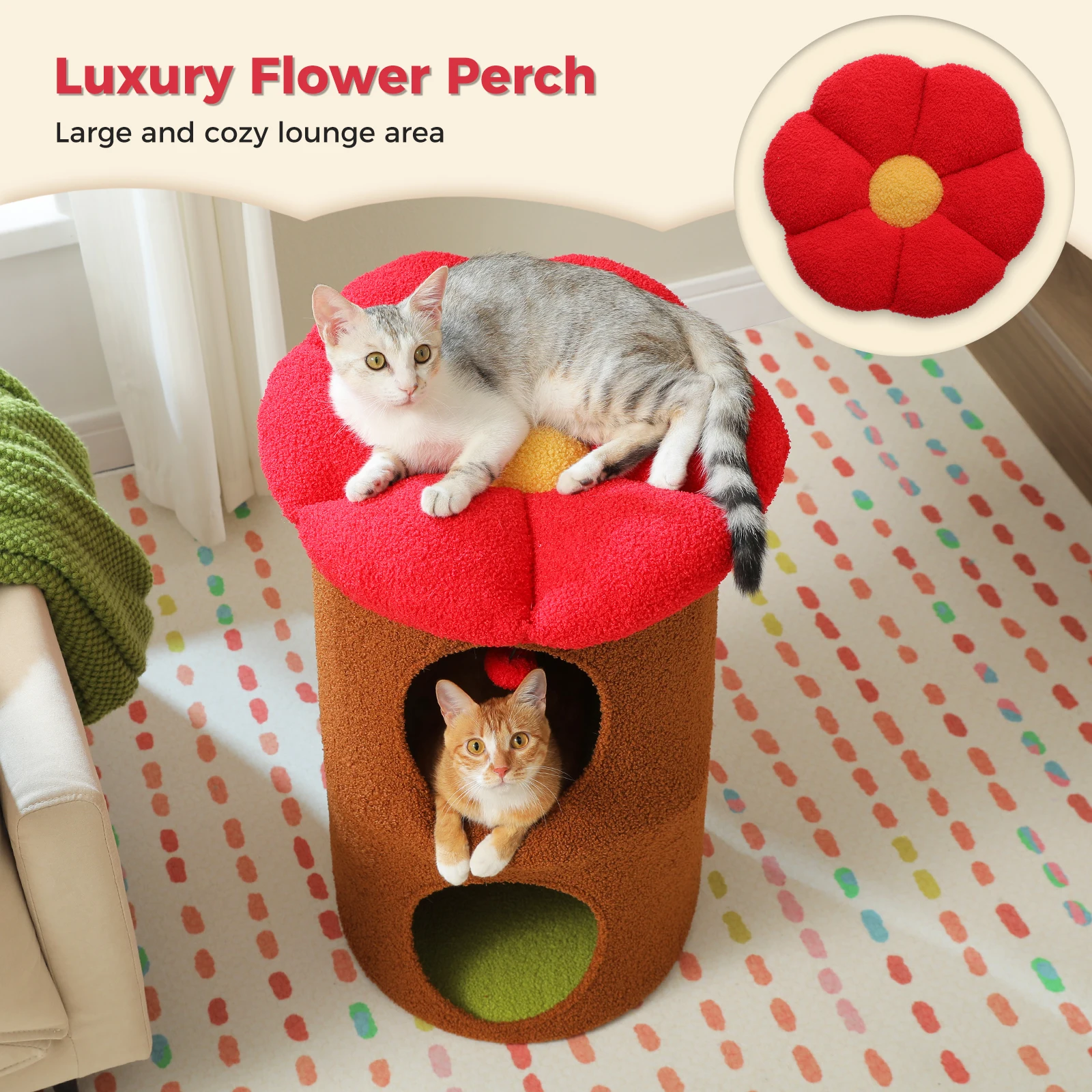 Doble casa para gatos con amplios condominios acogedores, espaciosa cama para gatos con lujoso mirador en forma de flor, bola de pompón, muebles para gatos de interior - imagen 2