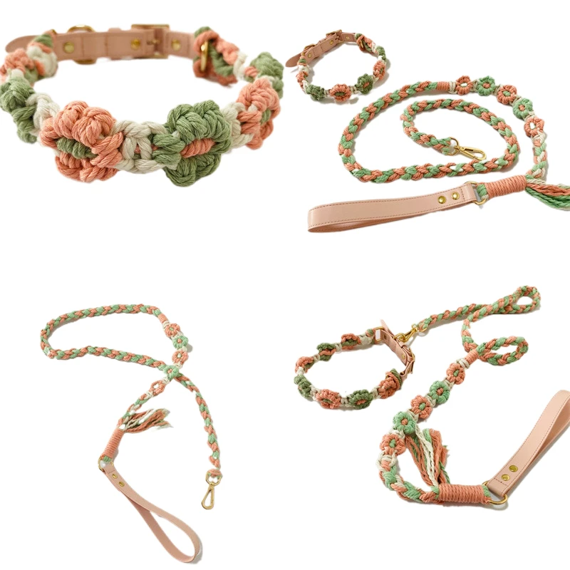 Juego de correa para mascotas tejida floral: correa para perros elegante y moderna con cuello, bonito diseño de flores para perros pequeños a medianos, acceso para caminar para mascotas - imagen 5
