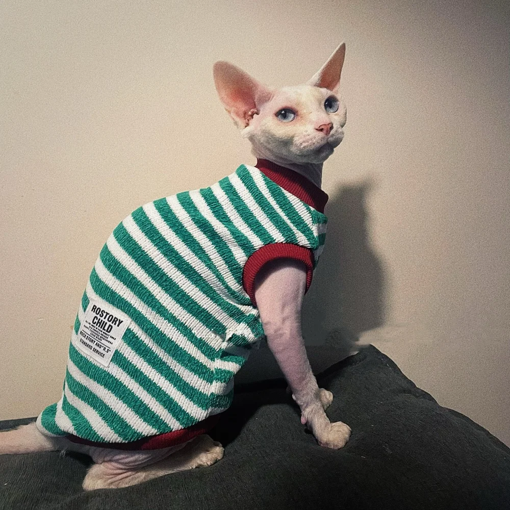 Primavera Otoño Gato sin pelo a rayas verdes Chaleco de suéter de chenilla suave Traje de Navidad para gatitos Chaqueta de invierno para gato Sphynx