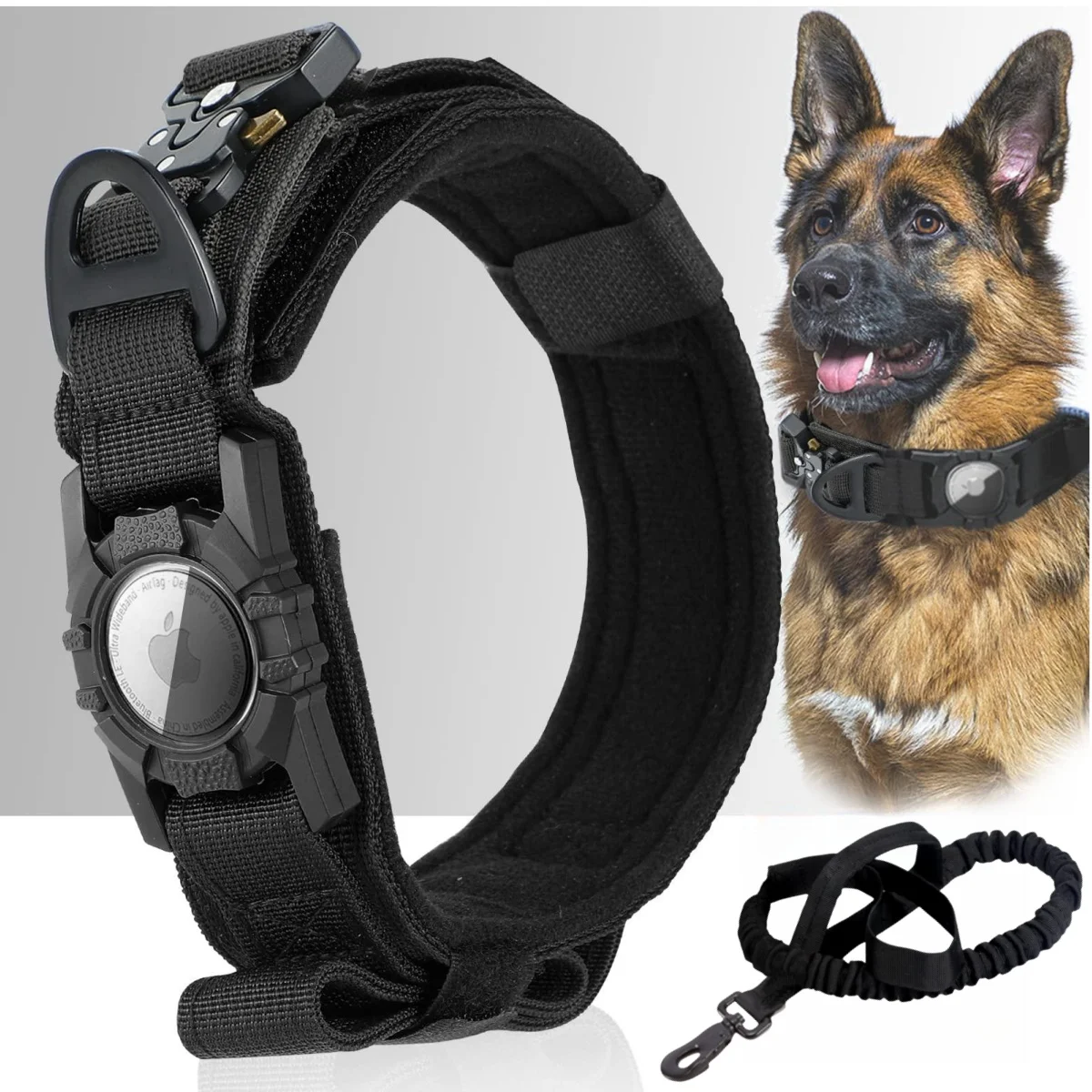 Collar táctico para perros AirTag, con soporte AirTag y mango, hebilla de metal para perros militares, Collar GPS ajustable para perros medianos y grandes
