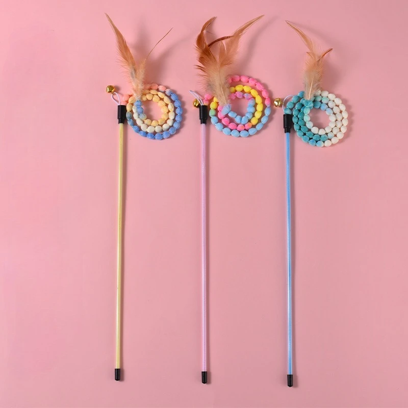 3 uds juguetes interactivos de varita de arcoíris para gatos y gatitos de interior, varita de rompecabezas de gato colorida, juguete de peluche de cuerda, juguetes de plumas de gato - imagen 5