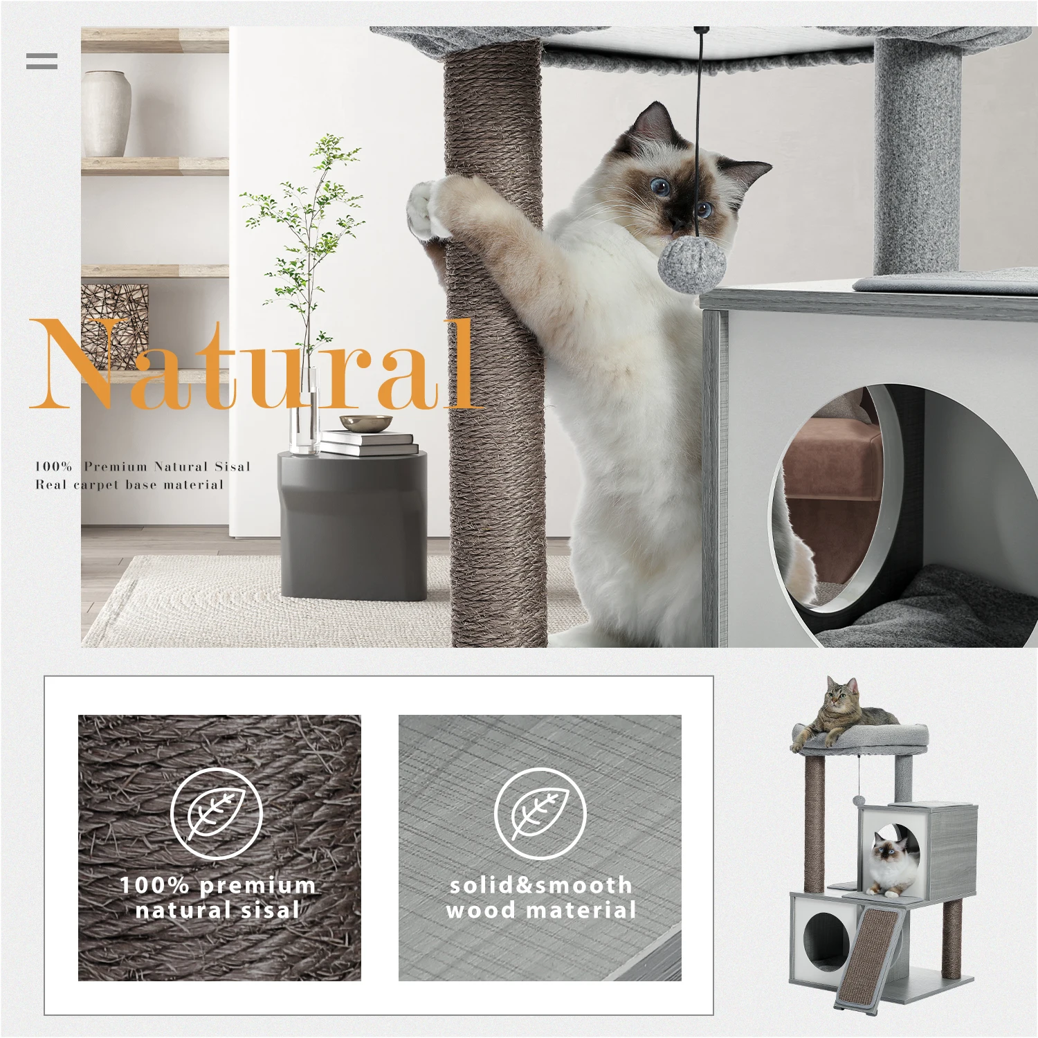 Torre de madera para gatos con condón doble, percha espaciosa, postes de Sisal para rascar completamente envueltos y bolas colgantes reemplazables - imagen 5