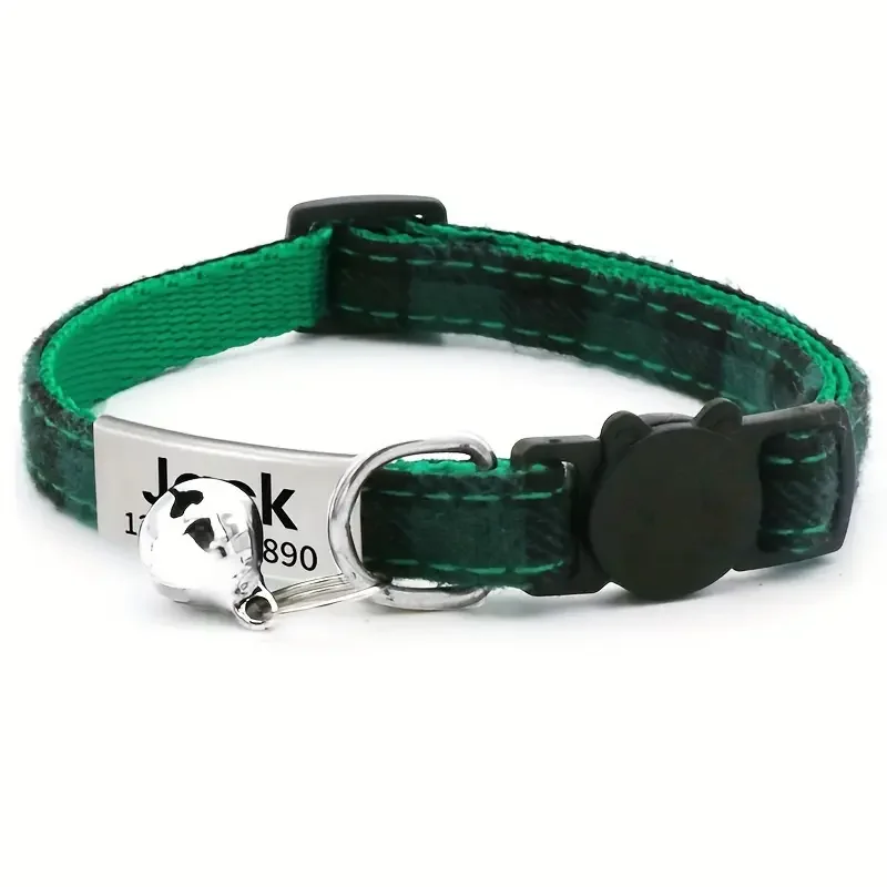 Collar de gato de nailon personalizado, patrones a cuadros, campana, accesorios de seguridad ajustables para gatitos, etiqueta de identificación separable, Collar pequeño para cachorro - imagen 3