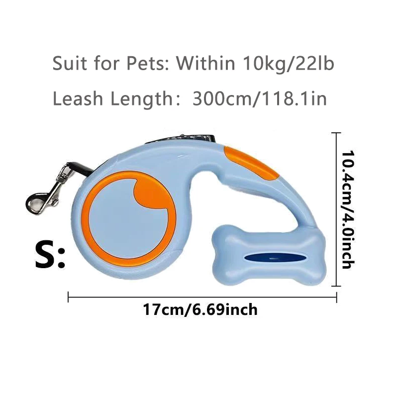 Correa retráctil automática para perros de 300cm/118,1 pulgadas, correa para mascotas para perros pequeños y medianos, plomo para cachorros al aire libre con dispensador de bolsas de residuos para mascotas - imagen 2