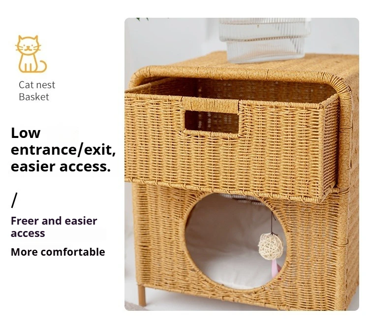 Cama ratán interior 2 en 1 para gatos – tejido a mano y mesa auxiliar - imagen 4