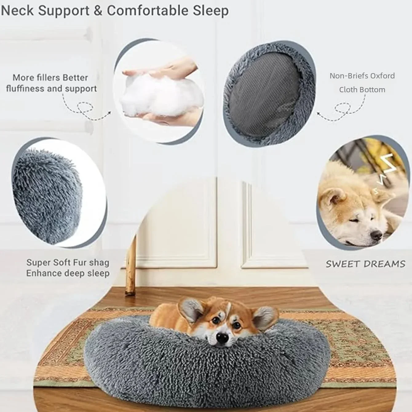 Cama redonda para mascotas de 40-90cm y 6 tamaños, cama para perros grandes, cama para gatos súper suave, casa para perros de peluche para perros medianos, casa para dormir cálido en invierno - imagen 4