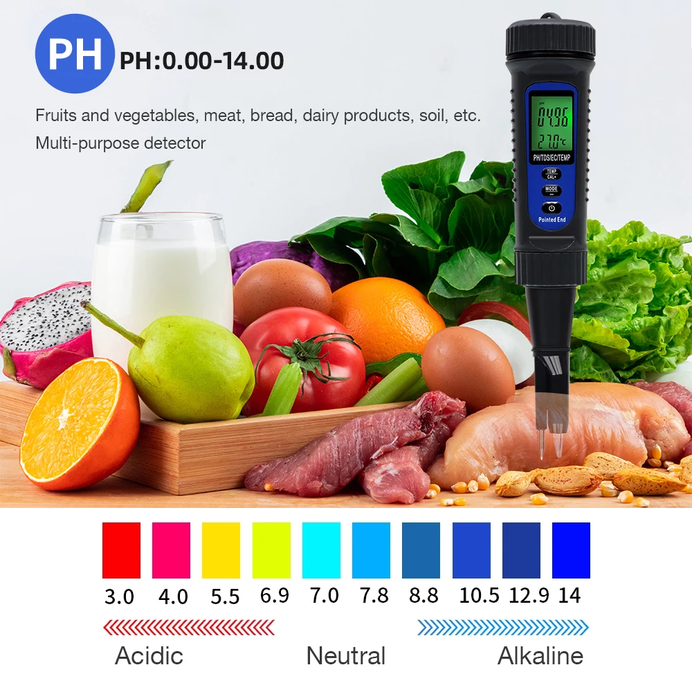 Medidor de PH de alimentos portátil LCD Digital carne masa fruta queso suelo acidímetro 4 en 1 PH TDS EC temperatura extremo puntiagudo probador de alimentos - imagen 3
