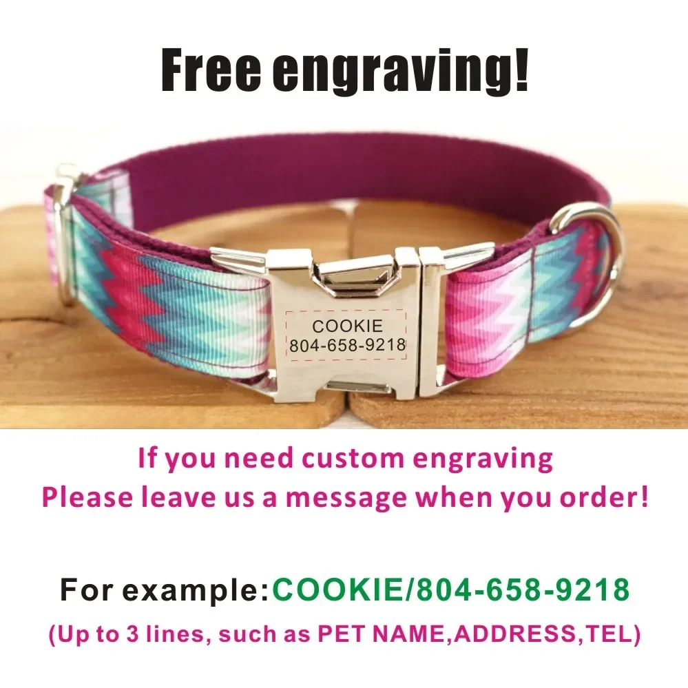 Collar de perro personalizado con grabado gratuito, correa para mascotas a juego, hebilla de Metal de contactos personalizados, Collar para mascotas de pavo real ondulado morado - imagen 4