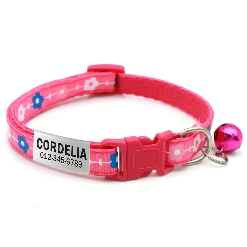 Collar de gato con diseño de flores, ID personalizado, Collar de gatito bonito ajustable con campana, Collar de nailon con grabado gratis para cachorro y gatito - imagen 4