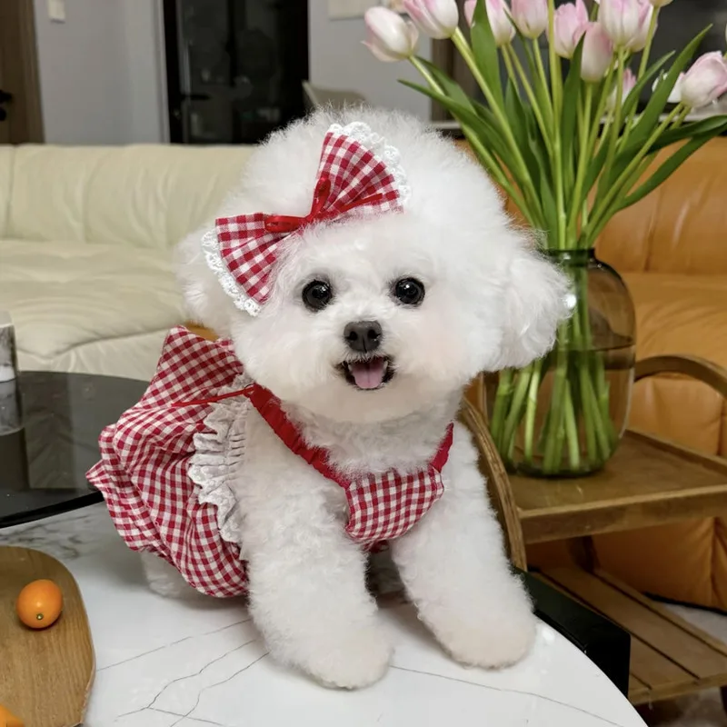 Vestido rojo a cuadros para perro Yorkshire – ropa de verano - imagen 3
