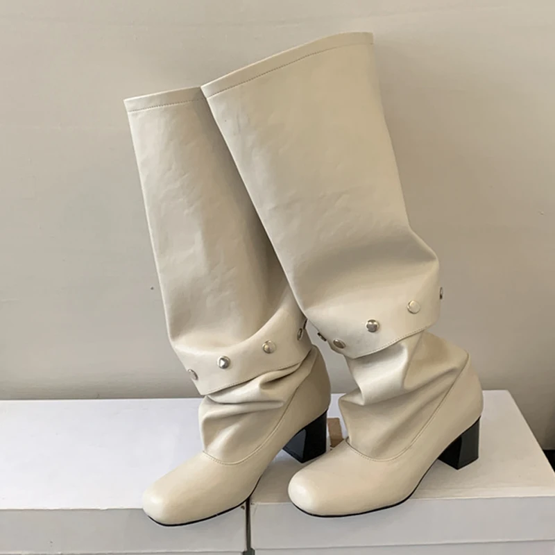 Nuevo estilo, combinación de botones, botas hasta la rodilla para mujer, zapatos largos de cuero plisados con punta redonda a la moda, tacones cuadrados bajos - imagen 5