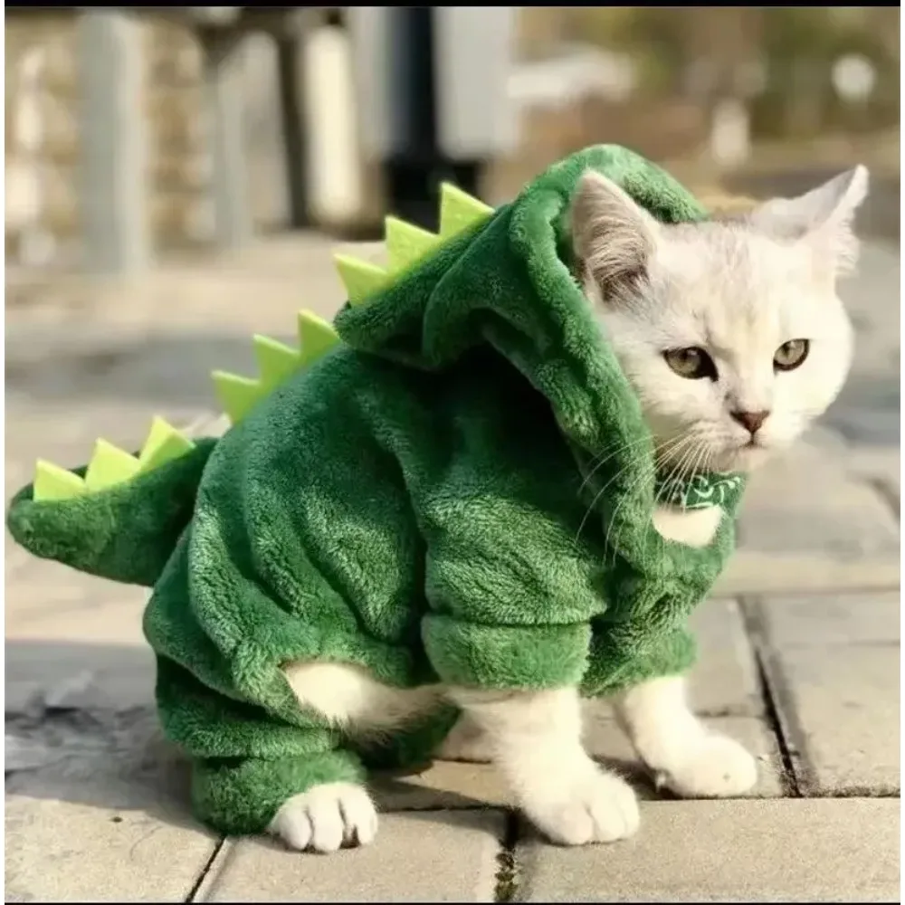 Disfraz de Halloween para perros, ropa para perros pequeños, disfraz divertido de dinosaurio, abrigo cálido de invierno para gatos, sudaderas con capucha de lana - imagen 2