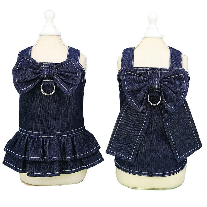 Ropa de vaquero para perros, vestido de pareja con lazo grande, disfraz para perros pequeños York Chiwawa Dachshund, ropa para mascotas, vestidos vaqueros para cachorros, falda XXL - imagen 3