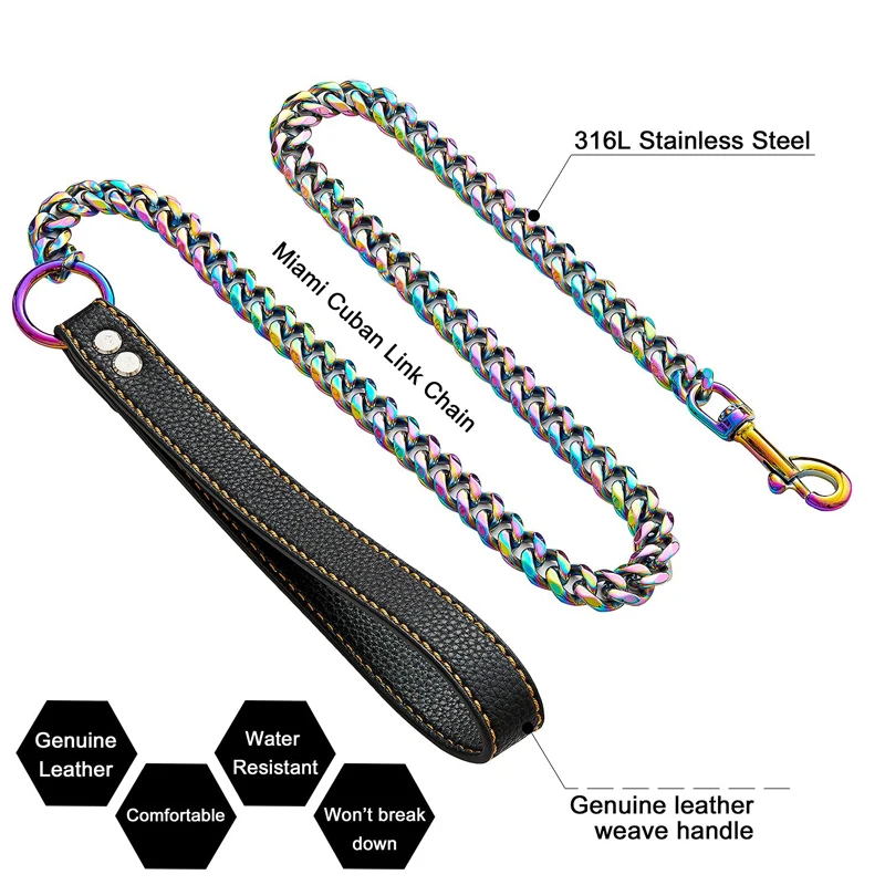 Benepaw-Correa de cadena dorada gruesa para perros grandes, resistente, a prueba de mordeduras, de acero inoxidable, con mango acolchado de cuero y plomo para mascotas - imagen 2