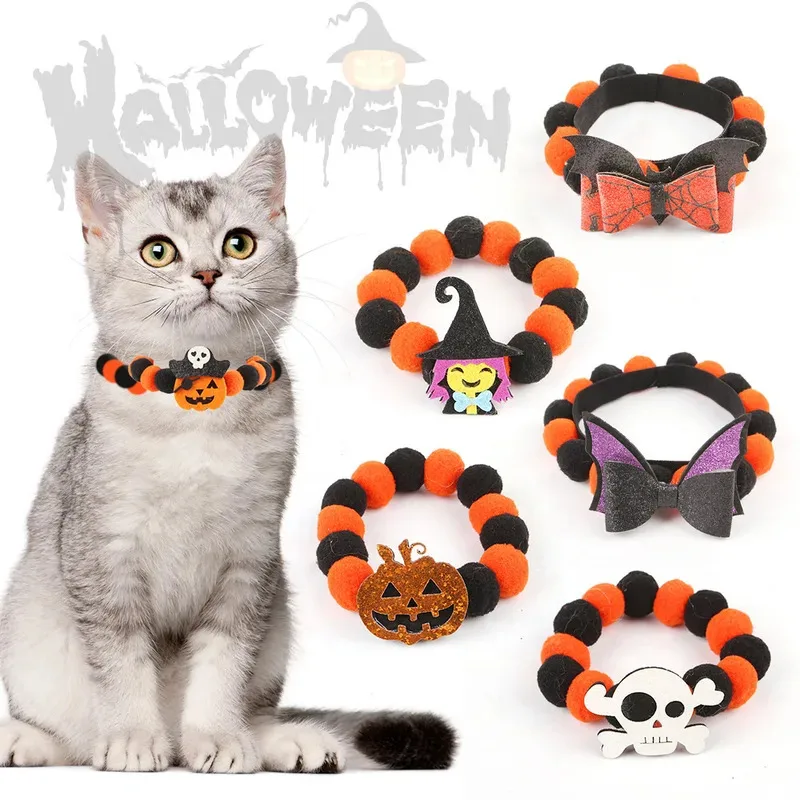 Collar para mascotas de Halloween, divertido collar con bola de pelo de cuerda elástica con decoración de calabaza, Collar ajustable adecuado para perros y gatos