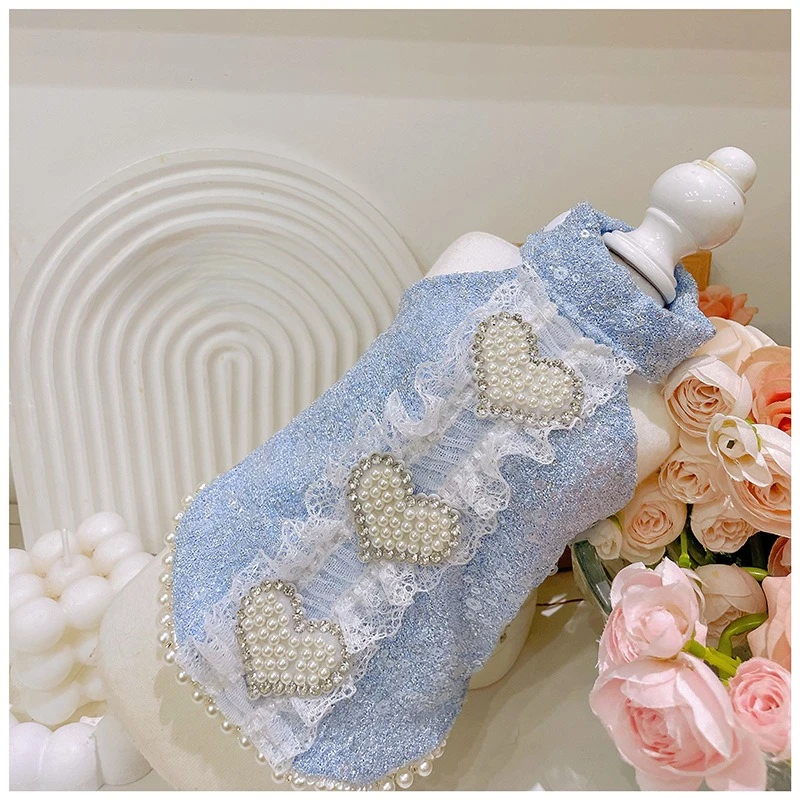 Pet malha retalhos pérola amor vestido de princesa vestido de lantejoulas teddy saia fofa colete roupas para cães designer roupas de cachorro - imagen 3