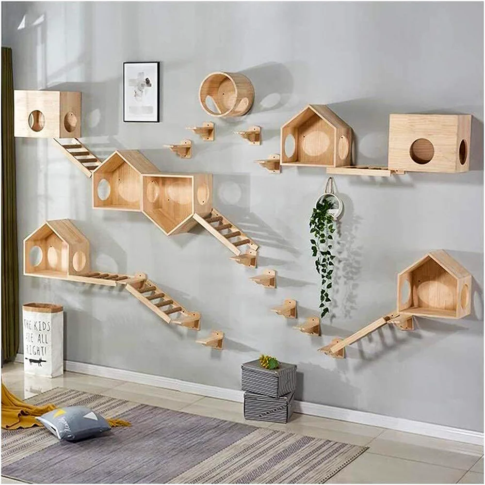 Escalera de escalada sólida montada en la pared para gatos y hamaca para gatos, muebles de madera con poste rascador para actividades, perchas para gatos de interior - imagen 3