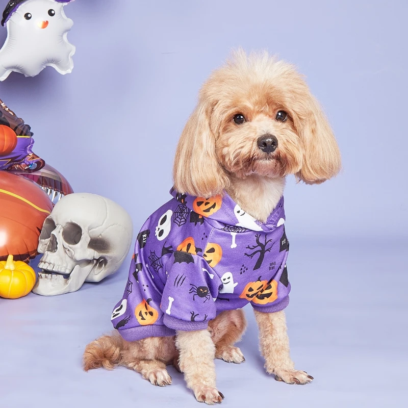 Sudadera con capucha de Halloween para mascotas con estampado de calabaza, murciélago y calavera, sudadera con capucha morada, disfraces para perros pequeños, sudaderas con capucha para mascotas, ropa cálida para mascotas - imagen 2