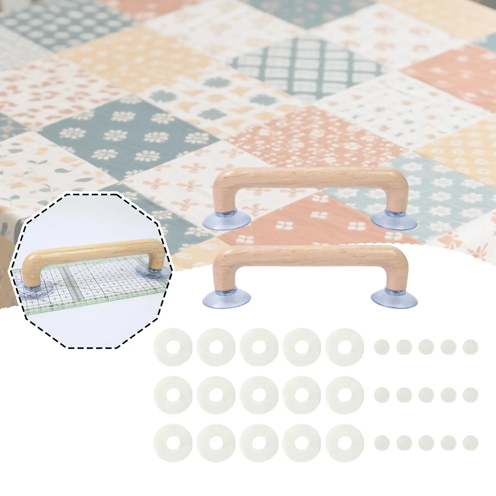 2x mango de regla de ventosa con almohadillas antideslizantes ventosas dobles de madera herramienta de costura DIY agarre de regla para plantillas acolchadas - imagen 2
