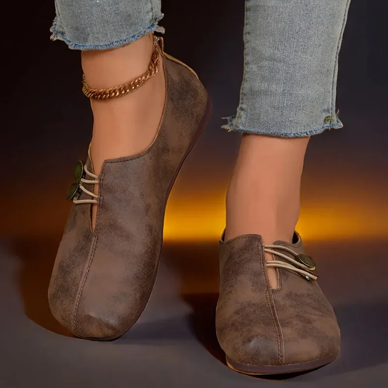 Cómodos zapatos planos con punta redonda y suela suave para mujer, con hebilla decorada, color sólido, informal, transpirable, diseño sin cordones fácil - imagen 2