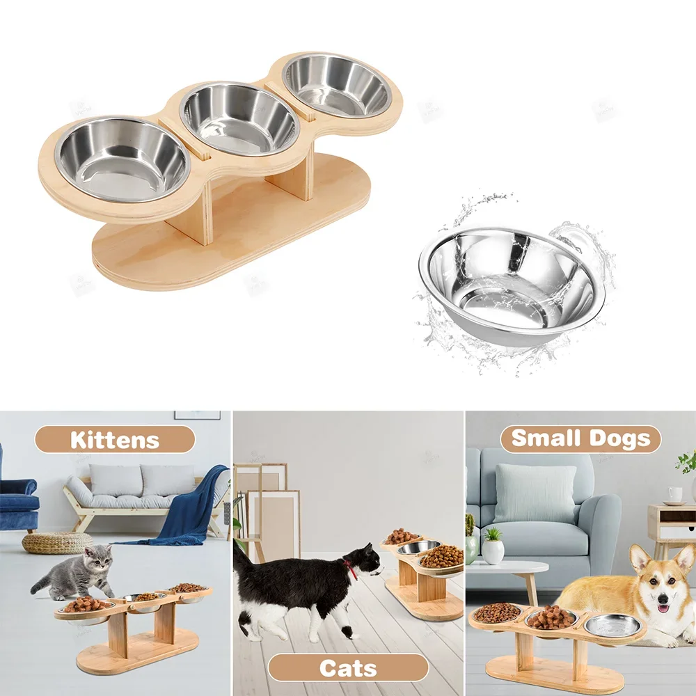 Cuenco antigolpes para comida de mascotas con 3 tazones de acero inoxidable, estante de madera para cuencos para mascotas, ajustable y desmontable, adecuado para gatos y perros - imagen 3