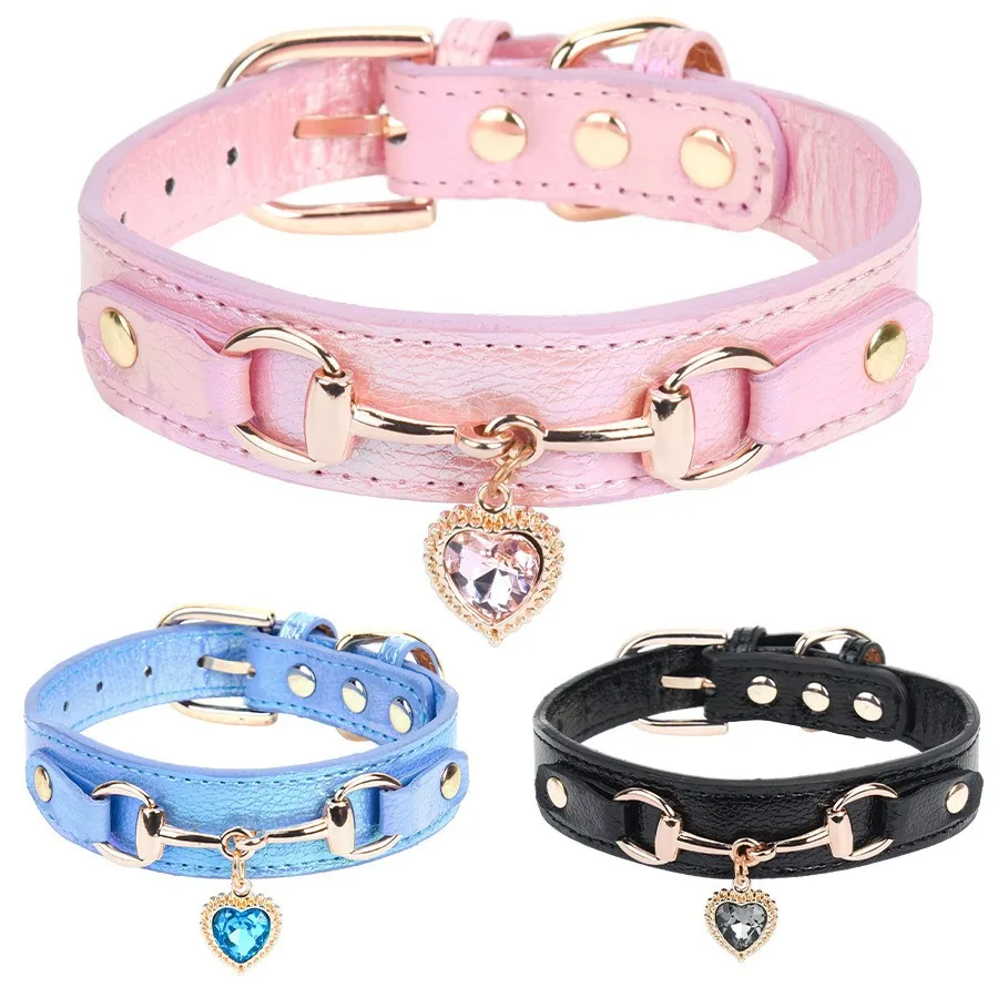 Lindo collar para mascotas con diamantes de imitación en forma de corazón: cuero PU con herrajes metálicos, banda para el cuello ajustable para perros y gatos pequeños y medianos, - imagen 5