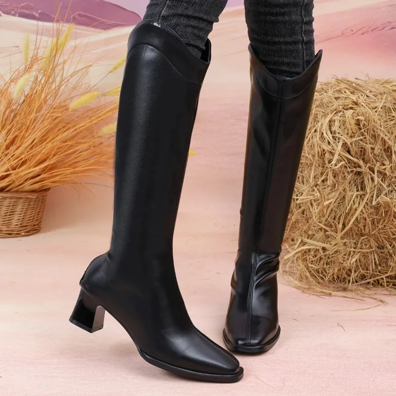 Nuevas botas informales de tacón cuadrado con cremallera y punta redonda para mujer, botas de tubo medio antideslizantes cómodas y elegantes para invierno