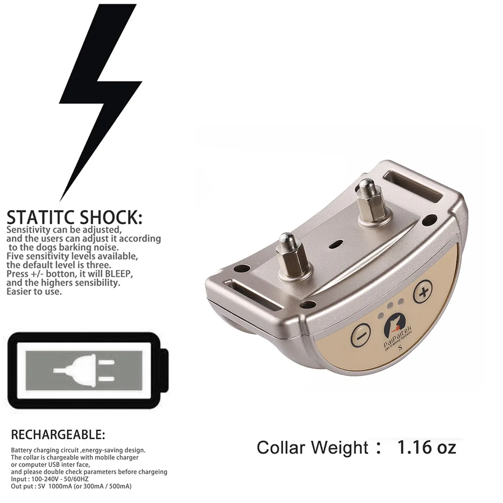 Dispositivo antiladridos para perros, Collar de entrenamiento para perros recargable por USB, Collar para mascotas con sensibilidad ajustable, negro, dorado y plateado - imagen 3