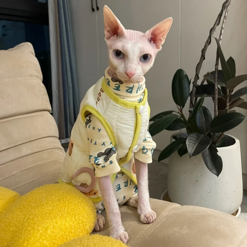 Chaqueta de invierno de dibujos animados de algodón grueso para Sphynx Cat Otoño Abrigo amarillo lindo y cálido para gatitos Ropa de estar por casa rosa azul para Devon Rex - imagen 3